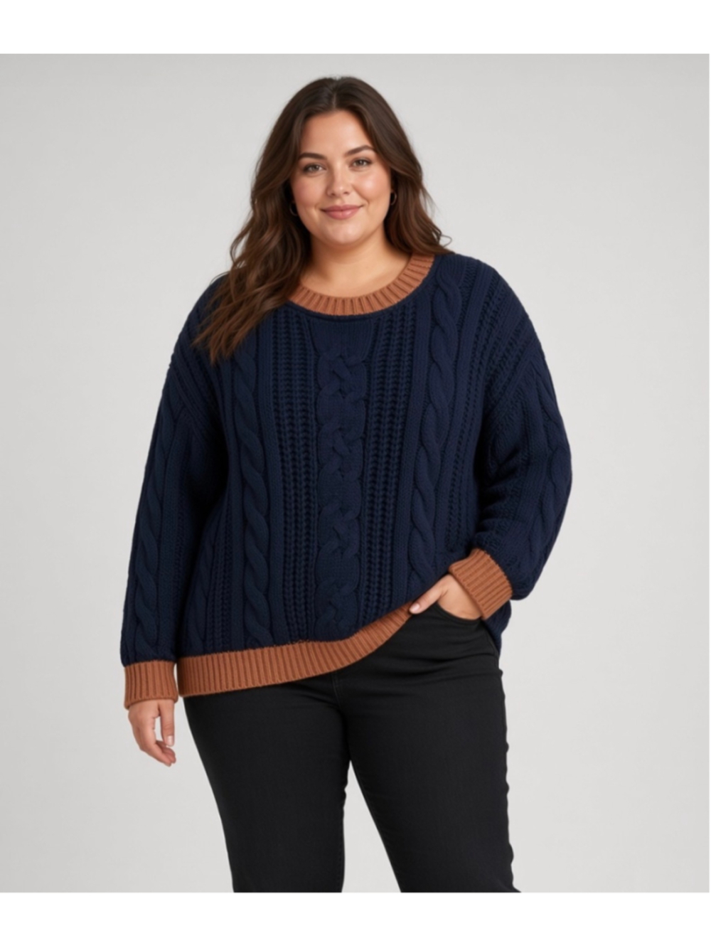 Lily by Firmiana Blue Brown Cable Knit Sweater Crewneck Oversized Pullover 3XL